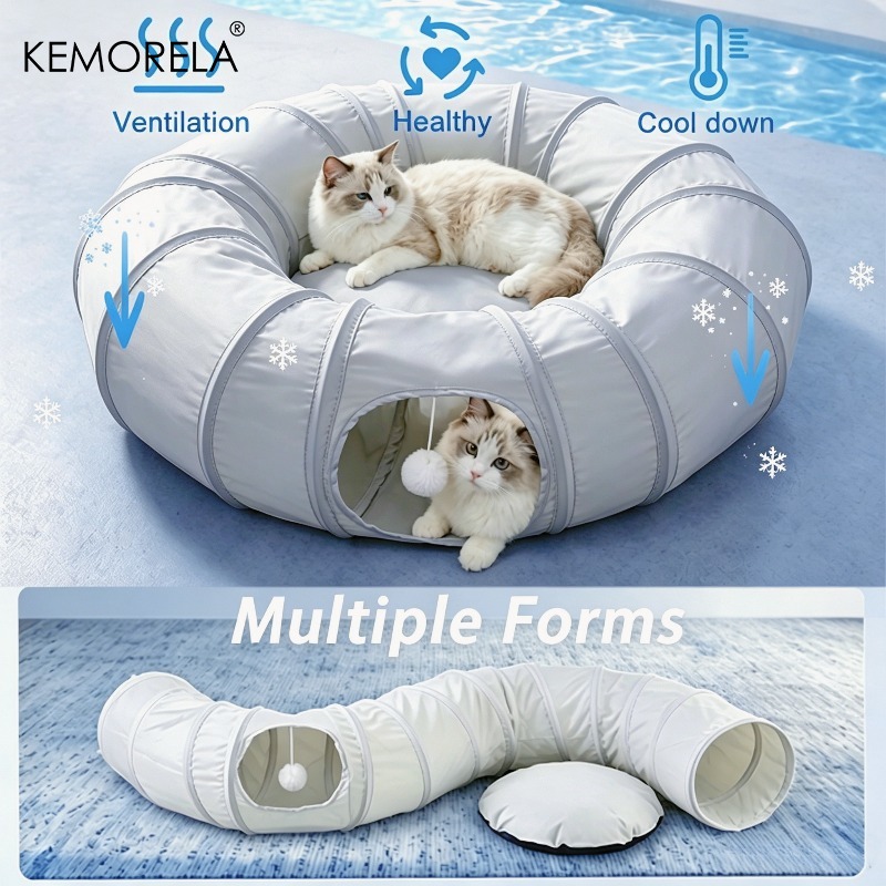 Cat Tunnel Toy - อุโมงค์แมว KEMORELA สำหรับฤดูร้อน ของเล่นแมวแบบพับได้ ทำจากผ้าเย็น พร้อมช่องเปิดสำหรับลูกบอลแสนสนุก