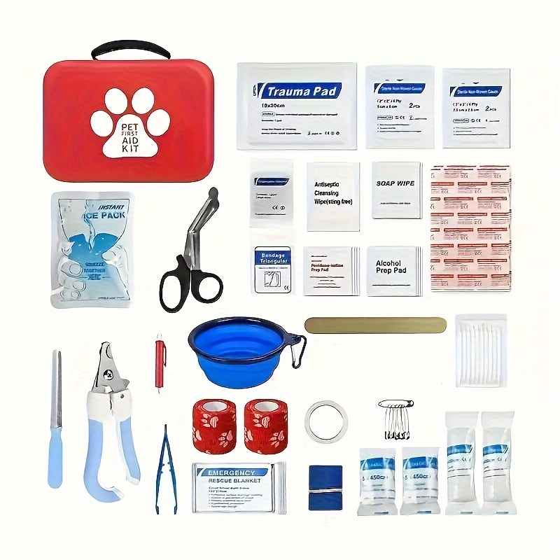 Pet Supplies First - ชุดปฐมพยาบาลสัตว์เลี้ยงขนาดกะทัดรัดสําหรับสุนัขและแมว - อุปกรณ์ฉุกเฉิน การตั้งแคมป์ และเป้สะพายหลัง